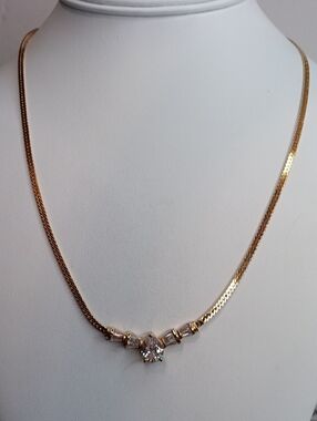 Teardrop Crystal Gold Tone Herringbone Chain Necklace 20" Long